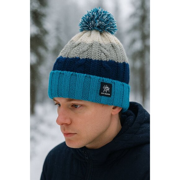 City Hunter Knit Pom Pom Beanie Hat Blue Grey White Winter Ski Snowboard Y2K - Picture 1 of 8